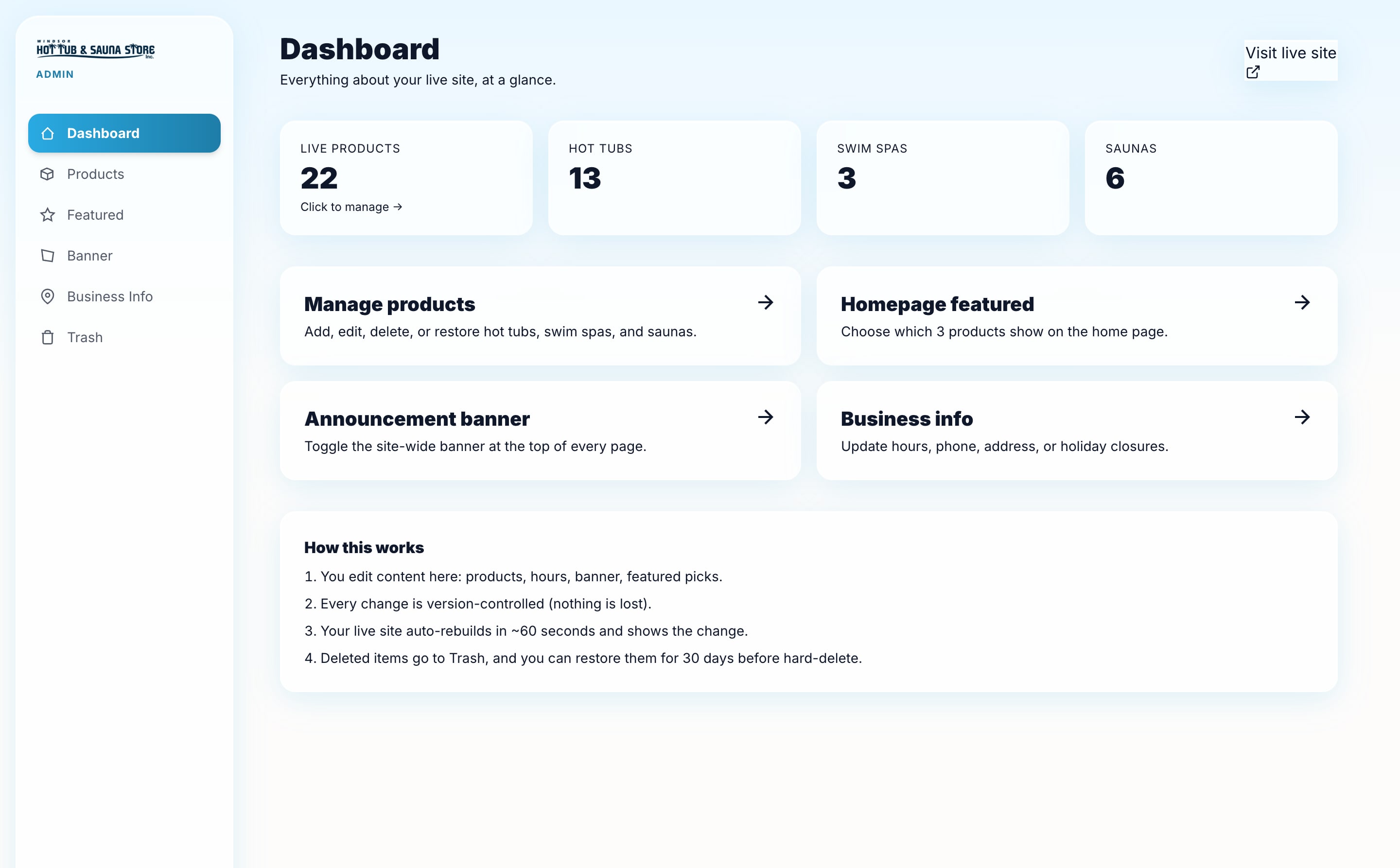 Your Windsor Hot Tub & Sauna Store dashboard